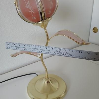 Vintage Tulip Flower Touch Lamp – Pink Frosted Glass with Leaf Accents