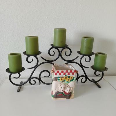 Metal Scrollwork Candle Holder & Farmhouse Pig Planter