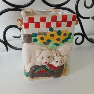 Metal Scrollwork Candle Holder & Farmhouse Pig Planter