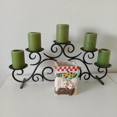 Metal Scrollwork Candle Holder & Farmhouse Pig Planter