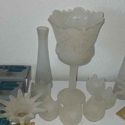Frosted Glass Candleholder & Vase Lot with Candles