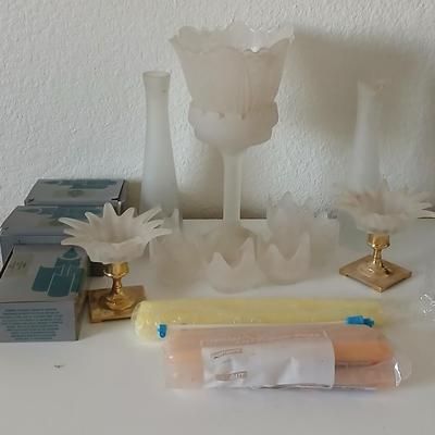Frosted Glass Candleholder & Vase Lot with Candles