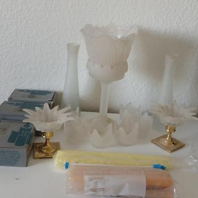 Frosted Glass Candleholder & Vase Lot with Candles
