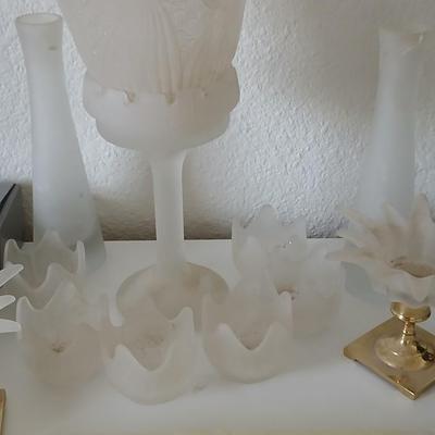 Frosted Glass Candleholder & Vase Lot with Candles
