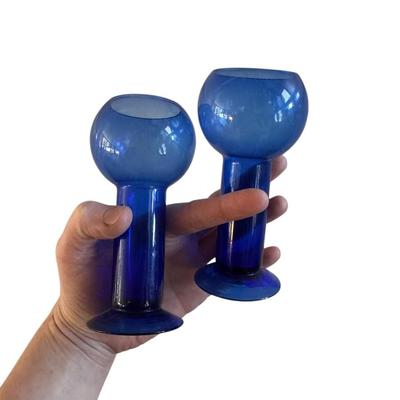 Pair of Vintage Postmodern Cobalt Blue Glass Bud Vases or Candle Holders w/Tree Trunk Thiccccc Base