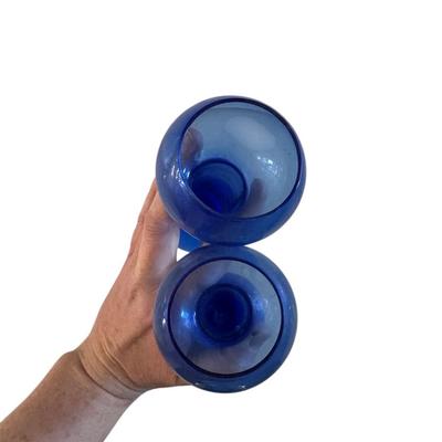 Pair of Vintage Postmodern Cobalt Blue Glass Bud Vases or Candle Holders w/Tree Trunk Thiccccc Base
