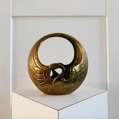 Vintage Art Deco Brass Swan Heron Crane Egret Bird Centerpiece Basket