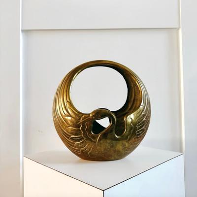 Vintage Art Deco Brass Swan Heron Crane Egret Bird Centerpiece Basket