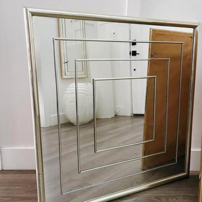 Vintage 1980’s Post Modern Abstract Op Art Square Chrome Framed Mirror