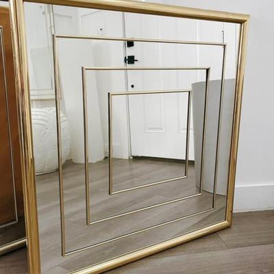 Vintage 1980’s Post Modern Abstract Op Art Square Gold Brass Framed Mirror