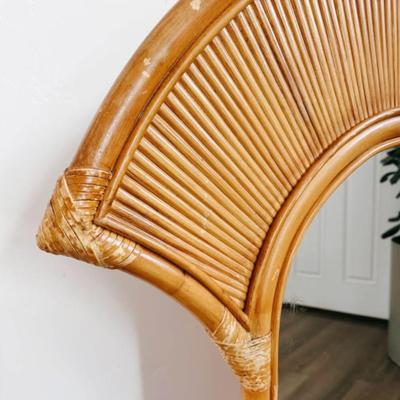 Vintage 1970’s La Barge Bamboo Rattan Wooden Faux Bamboo Fan Wall Mirror