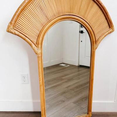 Vintage 1970’s La Barge Bamboo Rattan Wooden Faux Bamboo Fan Wall Mirror