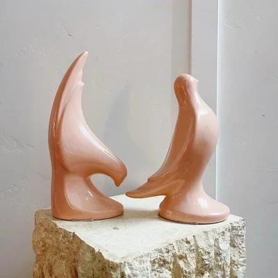 Pair of Vintage Light Pink Art Deco Italian Bird Bookend Sculptures