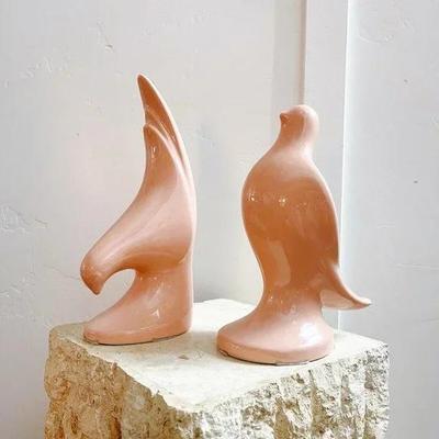 Pair of Vintage Light Pink Art Deco Italian Bird Bookend Sculptures