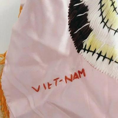 Vintage Pink Silk & Orange Fringe US Military Vietnam Tiger Pillow Cover Souven