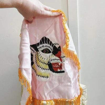 Vintage Pink Silk & Orange Fringe US Military Vietnam Tiger Pillow Cover Souven