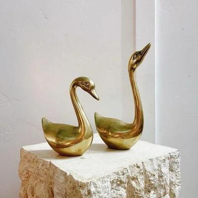 Large Vintage Mid Century Polished Brass Swan Sculptures Figurines Table Top