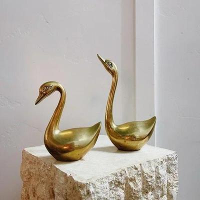 Large Vintage Mid Century Polished Brass Swan Sculptures Figurines Table Top