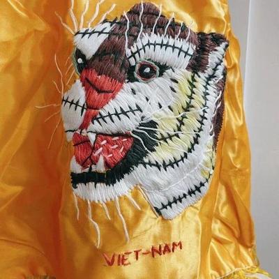 Vintage Orange Silk & Yellow Fringe US Military Vietnam Tiger Pillow Cover