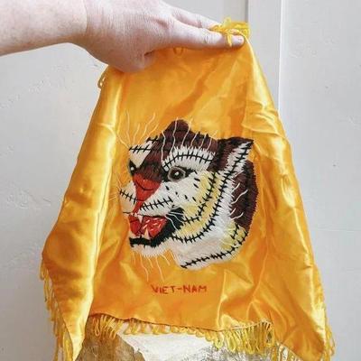 Vintage Orange Silk & Yellow Fringe US Military Vietnam Tiger Pillow Cover
