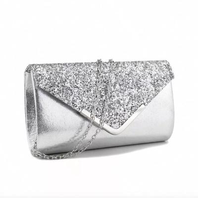 Silver Clutch Bag V Design Metal Chain Glitter Sequined Evening Bag