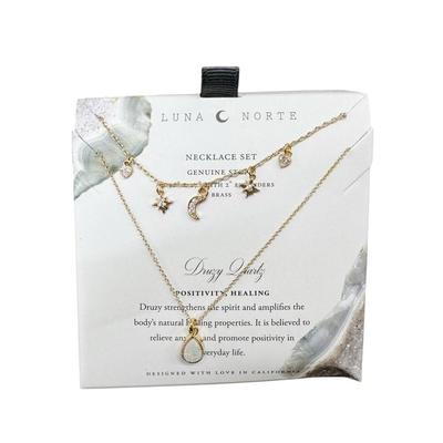 Luna Norte Druzy Quartz Positivity & Healing Necklace - Moon Pendant, Star Pendant, Druzy Quartz & Heart Pendants