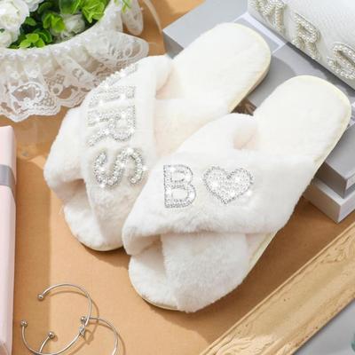 Size 10 Women's Bride Slippers Mrs B Slipper for Wedding with Personalized Initial Pearl Design