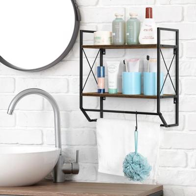 2-Tier Bathroom Shelf with 5 Hooks Towel Bar in Black Iron & Walnut Shelves