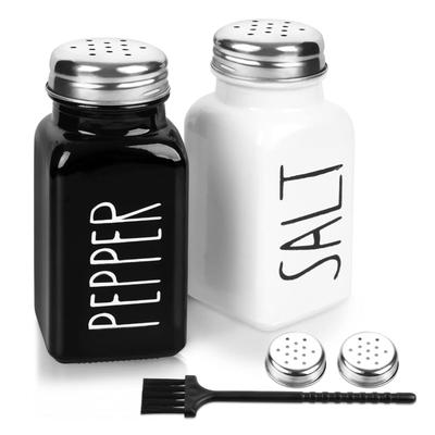 2 Pack Salt and Pepper Shakers Set, Glass Shaker with Stainless Steel Lid, Modern and Cute Farmhouse (Black and White)