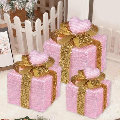 Set of 3 Pink & Gold Glitter Heart Motif Lighted Gift Box Decorations - Foldable 3PCS Present Ornament Boxes with Pre-lit LED Mini...