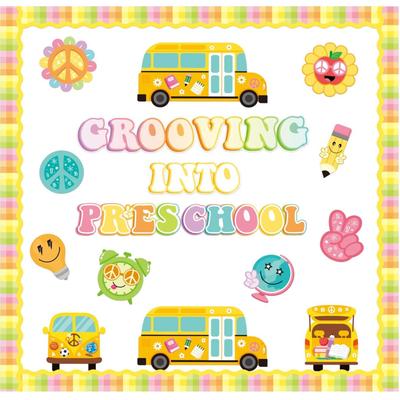 Retro Grooving into Preschool Bulletin Board Decorations - 86Pcs Groovy Hippie Boho School Bus Cutouts Trim Borders for Back to School...
