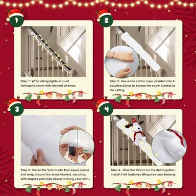 Reindeer Christmas Staircase Decorations Set Banister Christmas Decorations with 4PCS Skiing Reindeer & Artificial Snow & LED...