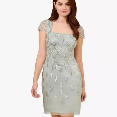 Size 12 Adrianna Papell Beaded Cap Sleeve Cocktail Dress Aqua Dust