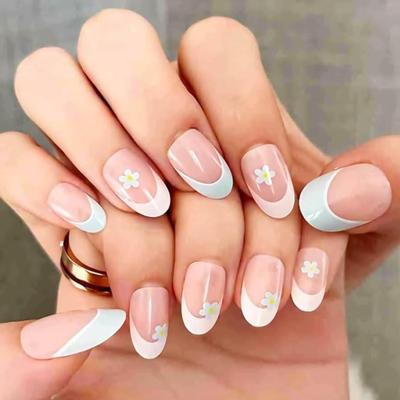 KK - 24-piece press-on false nails set, French floral blue and white flowers, wipe strip, Jelly glue, and 24 Fake Nails