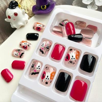 FF - Short Square Press on Nails Halloween Fake Nails Glossy False Nails Pink Black Acrylic Nails Ghost Spider Artificial Nails Full...