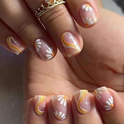 AA - Short Press on Nails Square Fake Nails Nude Glue on Nails Cute False Nails Spring White Flower Nails Press on Yellow Curve Designs...