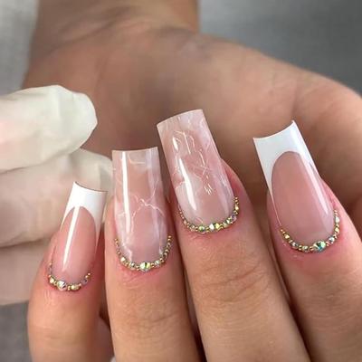 H - 24Pcs Square Press on Nails Medium Coffin Fake Nails French Tip Cute Nude White Marbled Design Glue on Nails Glossy Acrylic False...