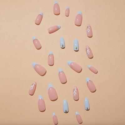 C - Blue Fake Nails Almond Shape Press on Nails Medium Acrylic Nails with Glitter Design Spring Summer Leaves Stick on Nails Full Cover...