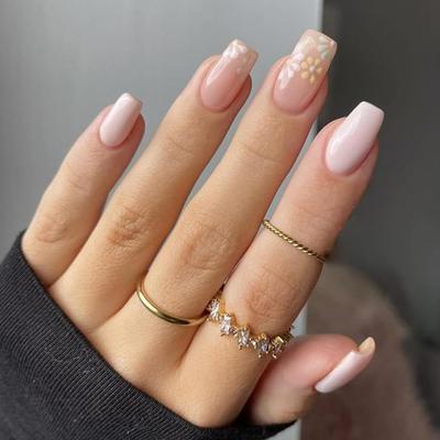 B - Medium Square Press on Nails Coffin 24Pcs False Fake Nails Simple Nude Pink Floral Thick Glossy Acrylic Full Cover French Glue on...