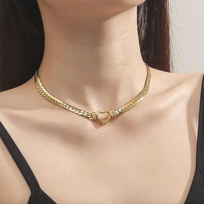 FFlat Cuban Link Chunky Chain Necklace Gold Stainless Steel Hollow Heart Charms Choker Clavicle Jewelry for Women Teen Girls