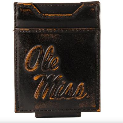 Ole Miss Rebels Men's Collegiate Magnetic Front Pocket Leather Wallet. Brown Burnished Full Grain Finish With Large Debossed Logo