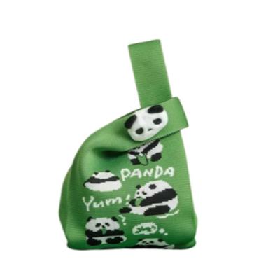 Green & White Fine & Tightly Knitted Panda Bag Purse w/Plush Panda Pin