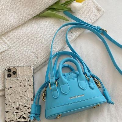 Mini Blue Raspberry Faux Leather Drawstring Design Dome Bag Purse w/Crossbody Strap, Handles & Gold Hardware