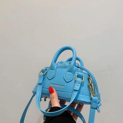 Mini Blue Raspberry Faux Leather Drawstring Design Dome Bag Purse w/Crossbody Strap, Handles & Gold Hardware