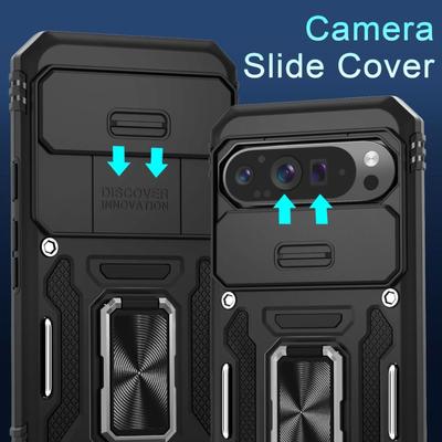 Case for Google Pixel 9 Pro with Slide Camera Cover, Rotated Ring Kickstand Military Grade Shockproof Protective Cover-Black