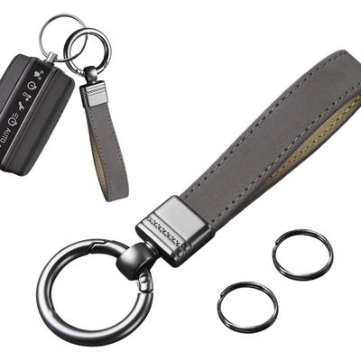 Gray Genuine Leather Keychain, 360 Degree Rotatable Key Fob with 3 Keyrings, Universal Car Accessories