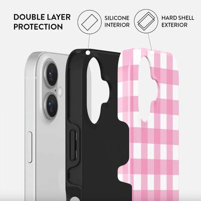 iPhone 16 BURGA Phone Case in Think Pink Gingham - Double Layer Shock Absorbent Protection, Scratch Resistant, Raised Bezels