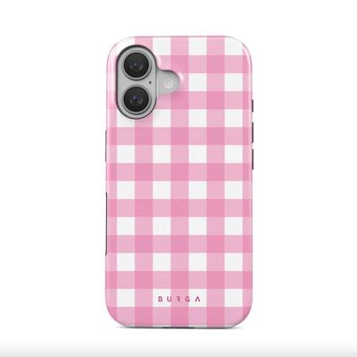 iPhone 16 BURGA Phone Case in Think Pink Gingham - Double Layer Shock Absorbent Protection, Scratch Resistant, Raised Bezels