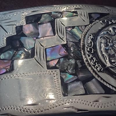 Vintage Mother of Pearl Inlay Aztecan Mexican Cultural Ritual Belt Buckle (#1)