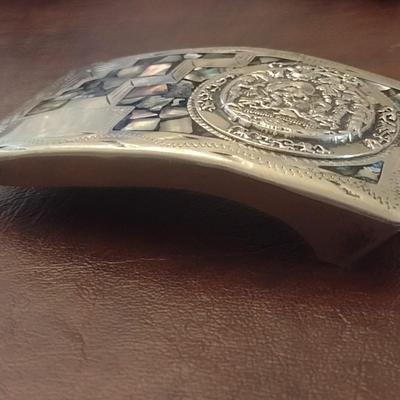 Vintage Mother of Pearl Inlay Aztecan Mexican Cultural Ritual Belt Buckle (#1)